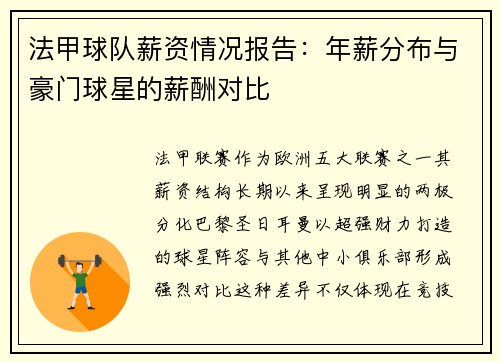 法甲球队薪资情况报告：年薪分布与豪门球星的薪酬对比